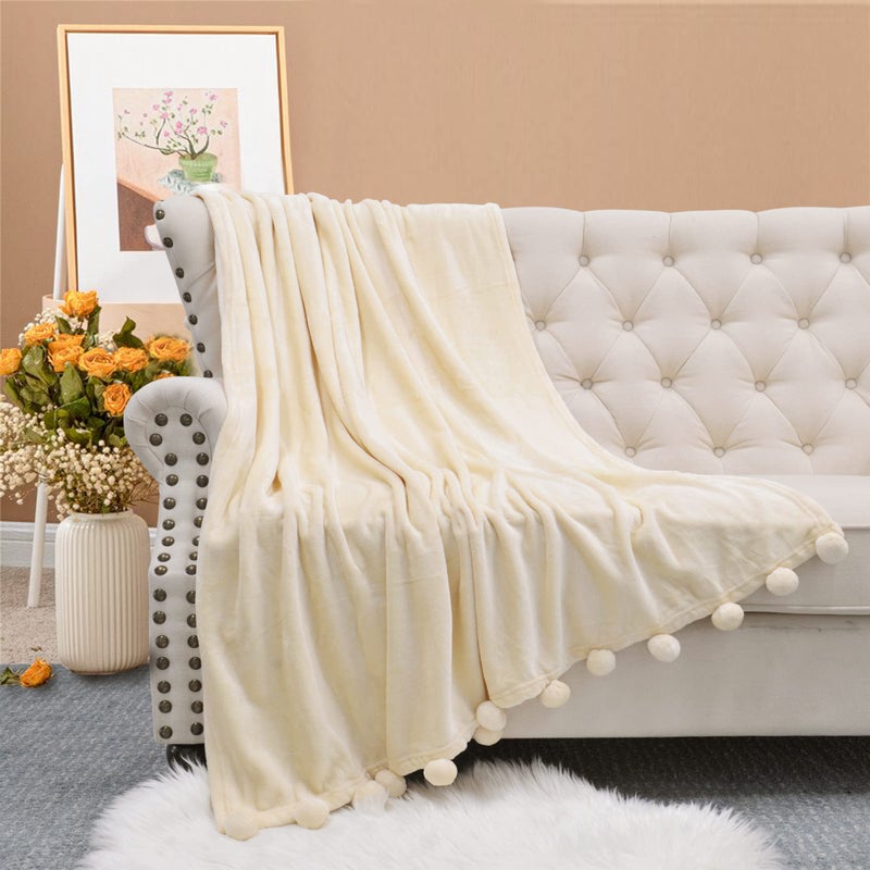 Home Soft Things Pompom Bed Couch Throw Blanket, 50'' x 60'', Antique White, Fuzzy Soft Comfy Warm Decorative Throw Blanket for Living Room Bedroom Suitable for All Seasons - Image 2